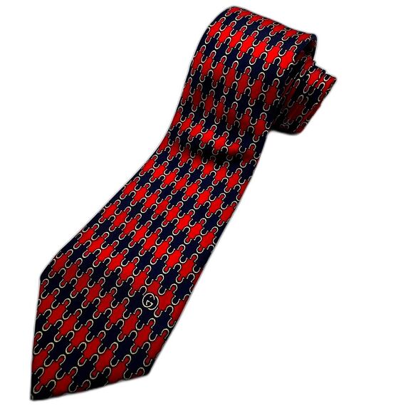 Vintage Gucci Silk Tie Red Blue Gold Chain Geometric Pattern Made in Italy 1980 - Picture 6 of 10